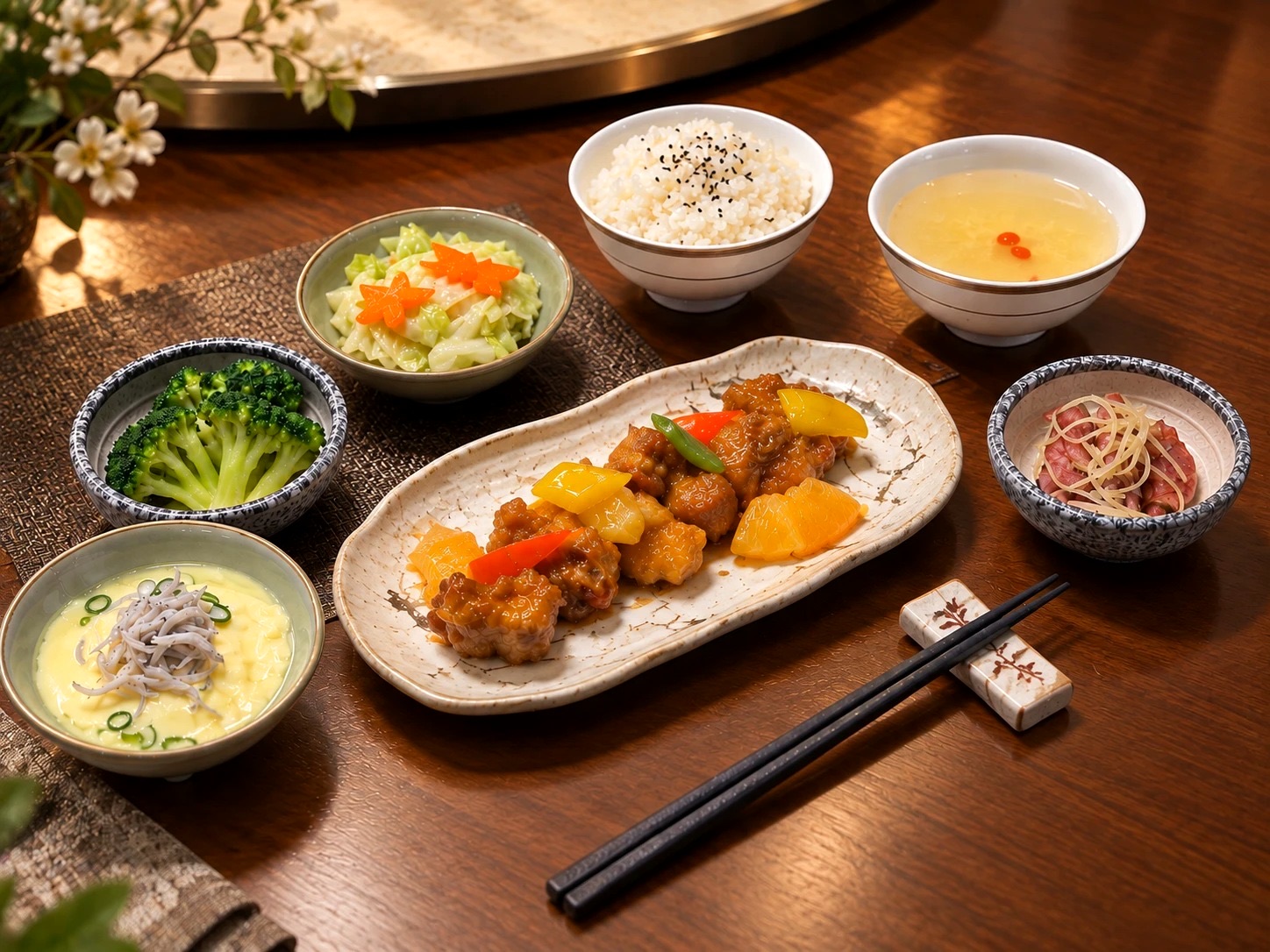 晶櫻會館商務餐盒:珍鑽糖醋排、白飯、甜湯與四樣副菜完整陳設